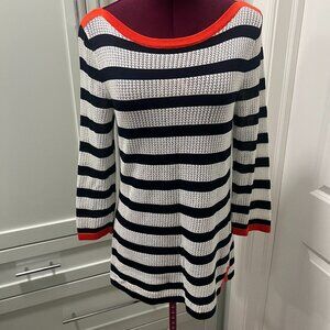 JONES NEW YORK Signature Knit Sweater Split Hem Stripes Black White Size Small